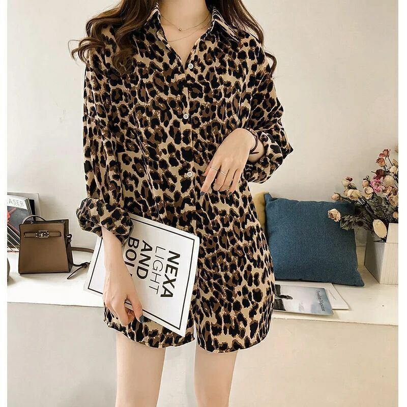New Stylish Loose Plus Size Leopard Long Sleeve Pattern Mid-length Shirt For Women