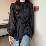 Design Lace-up Waisted Long-sleeved Shirt Women