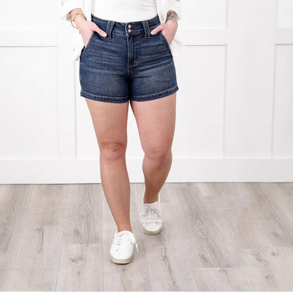 New Summer Women's Fashion High Waist Double Buckle Denim Shorts