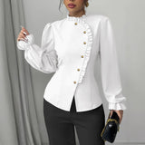 Women's Elegant French Asymmetrical Button-down Collar Ruffle Long Sleeve Blouse