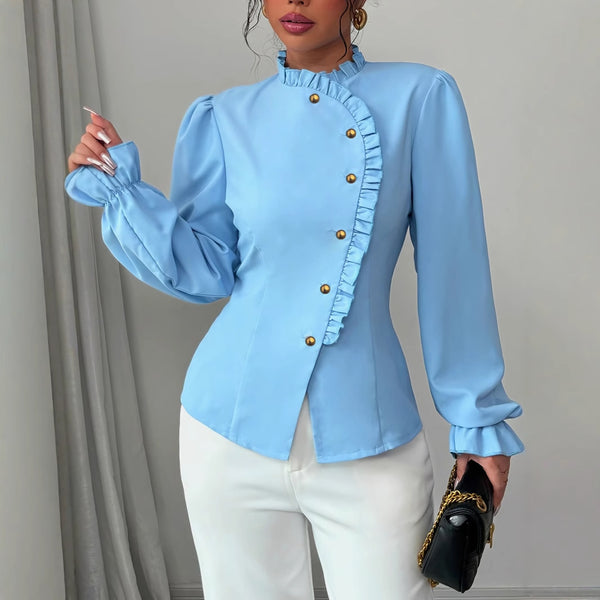 Women's Elegant French Asymmetrical Button-down Collar Ruffle Long Sleeve Blouse