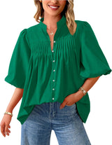 Loose Style Button Shirt Casual Pleated V-neck Shirt