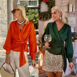 Women's Long-sleeve Shirts V-neck Lace-up Graceful Satin