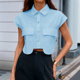 Solid Color Summer New Style Fake Pocket Raglan Short Women's Shirt