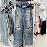 Letter Printed Ripped Cool Brushed Paint Jeans