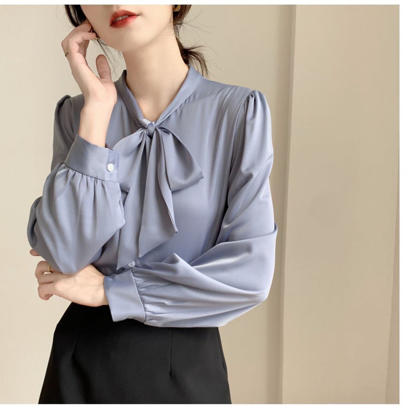 Lace-up Bow Business Wear Solid Color Bottoming Long Sleeve Shirt